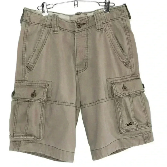 Hollister Cargo Shorts Mens 28 Beige Distressed Button Fly Flat Front Mid Rise - Picture 1 of 6